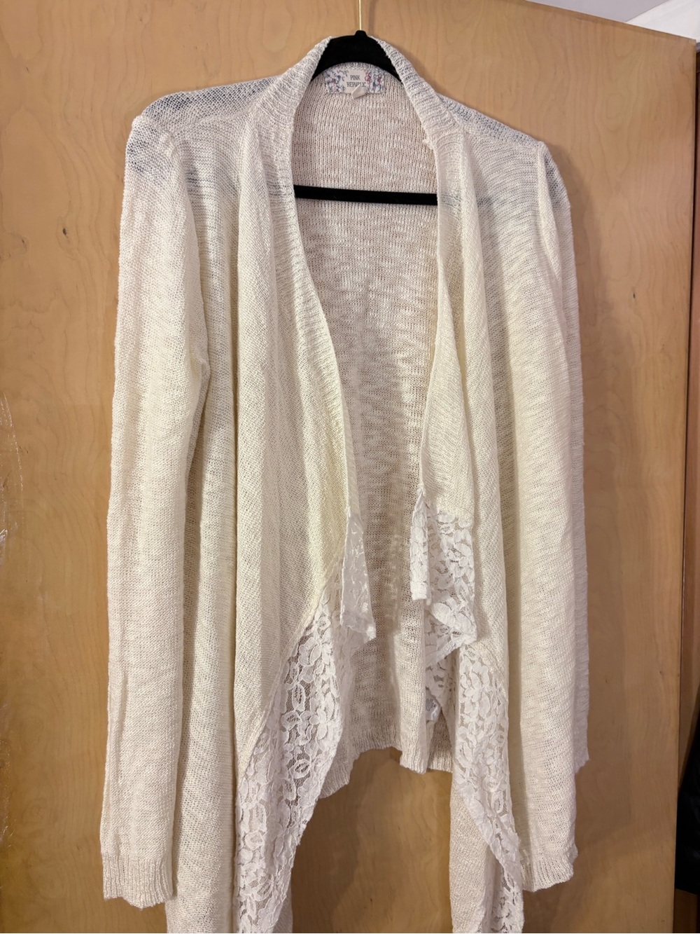 Pink Republic Cream Lace-Trim Open Drape Cardigan